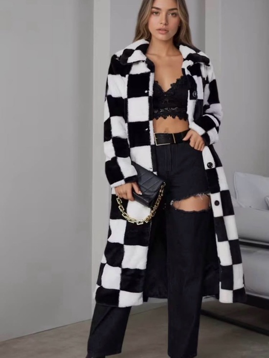 Jackets & Blazers - Black & White Check Long Faux Fur Coat - Women